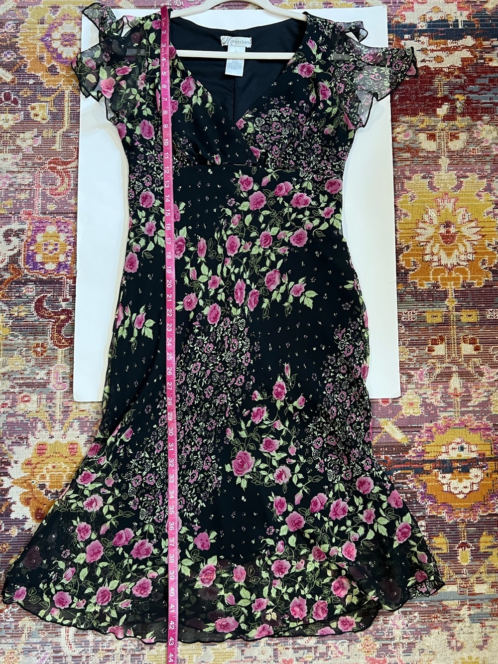 Vintage Dressbarn Y2K black midi dress with Pink Rose Print - Picture 13 of 15